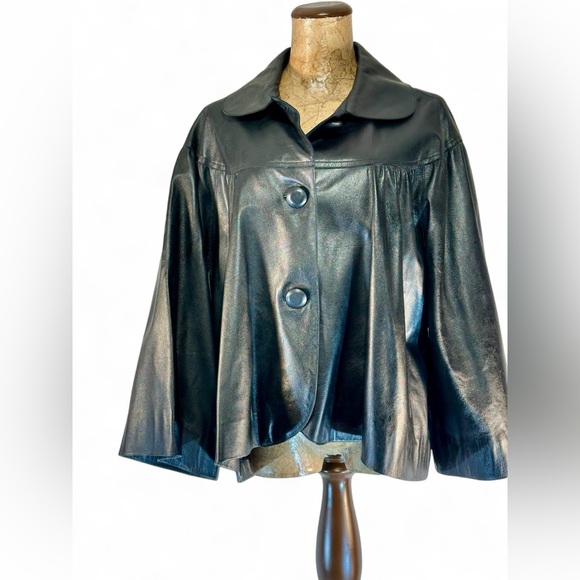 CHESTER Black soft Lambskin/Kid Leather Jacket, wide sleeves, cape illusion - Picture 3 of 12
